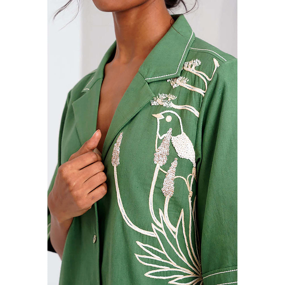 MADDER MUCH Pine Green Taiwo - Embroidered Shirt Dress
