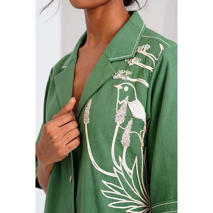 MADDER MUCH Pine Green Taiwo - Embroidered Shirt Dress
