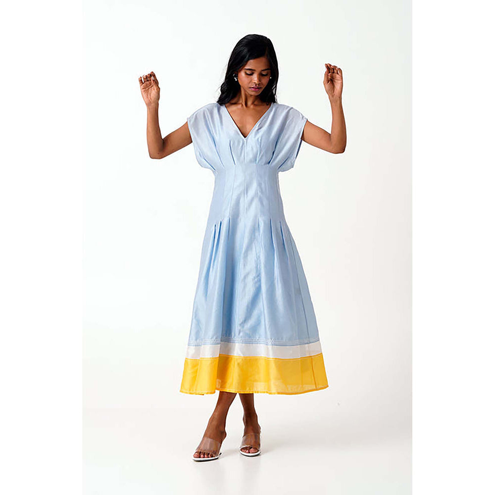 MADDER MUCH Blue Cotton V-Neck Solid/Plain Midi Dress