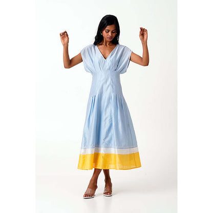 MADDER MUCH Blue Cotton V-Neck Solid/Plain Midi Dress