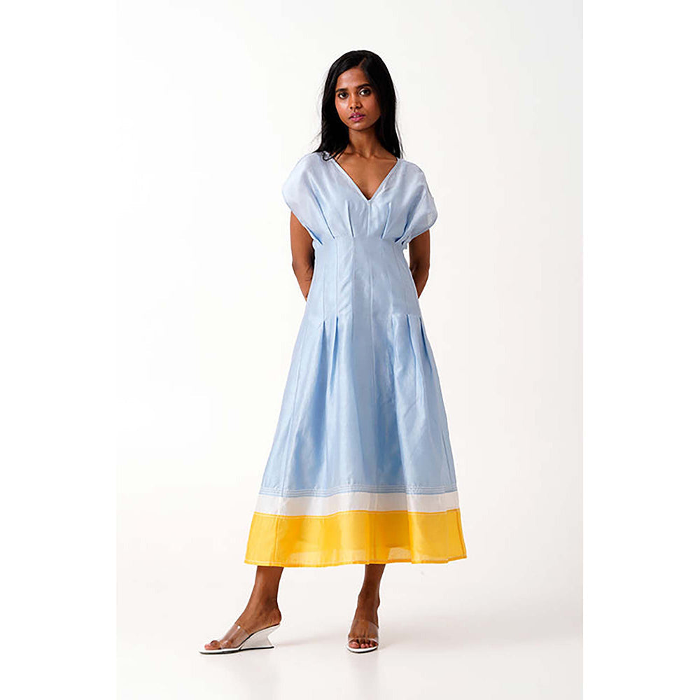 MADDER MUCH Blue Cotton V-Neck Solid/Plain Midi Dress