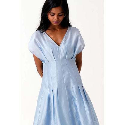 MADDER MUCH Blue Cotton V-Neck Solid/Plain Midi Dress