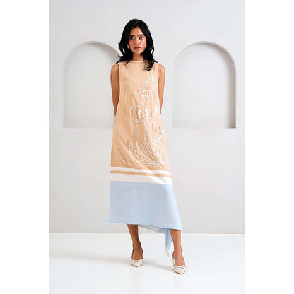 MADDER MUCH Beige Cotton Crew Neck Embroidered A-Line Midi