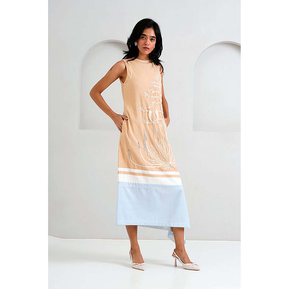 MADDER MUCH Beige Cotton Crew Neck Embroidered A-Line Midi