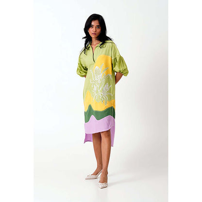 MADDER MUCH Multi-Color Cotton Collar Neck Printed Midi Dress