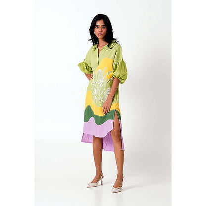 MADDER MUCH Multi-Color Cotton Collar Neck Printed Midi Dress