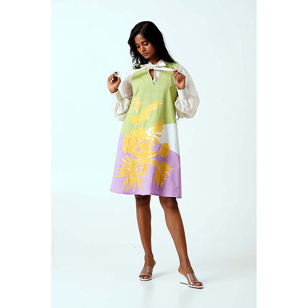 MADDER MUCH Multi-Color Cotton V-Neck Floral A-Line Mini Dress With Shirt