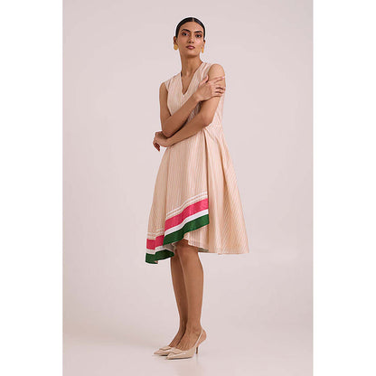 MADDER MUCH Peach Cotton V-Neck Stripes Midi Dress