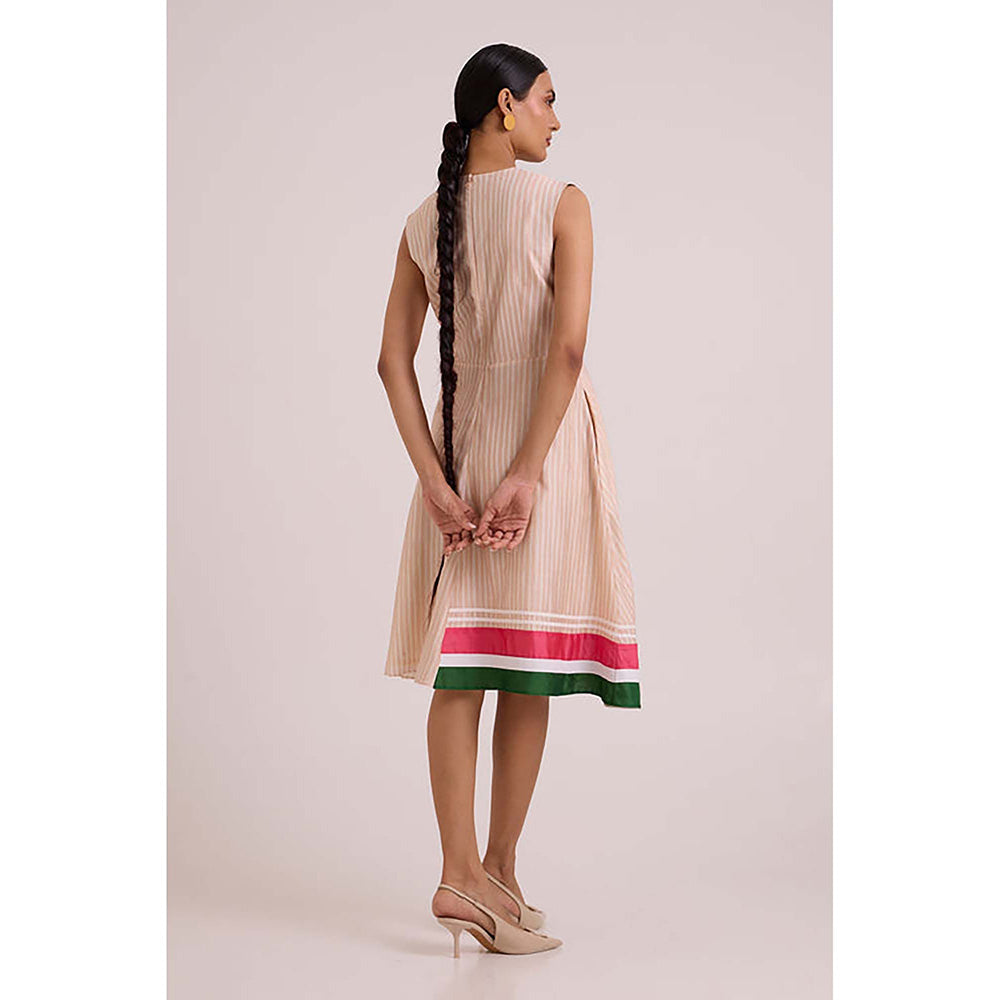 MADDER MUCH Peach Cotton V-Neck Stripes Midi Dress