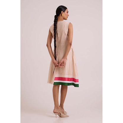 MADDER MUCH Peach Cotton V-Neck Stripes Midi Dress