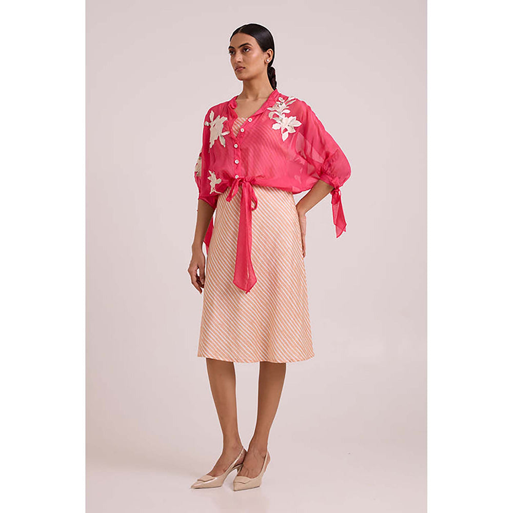 MADDER MUCH Pink Cotton Round Neck Stripes Dress With Jacket