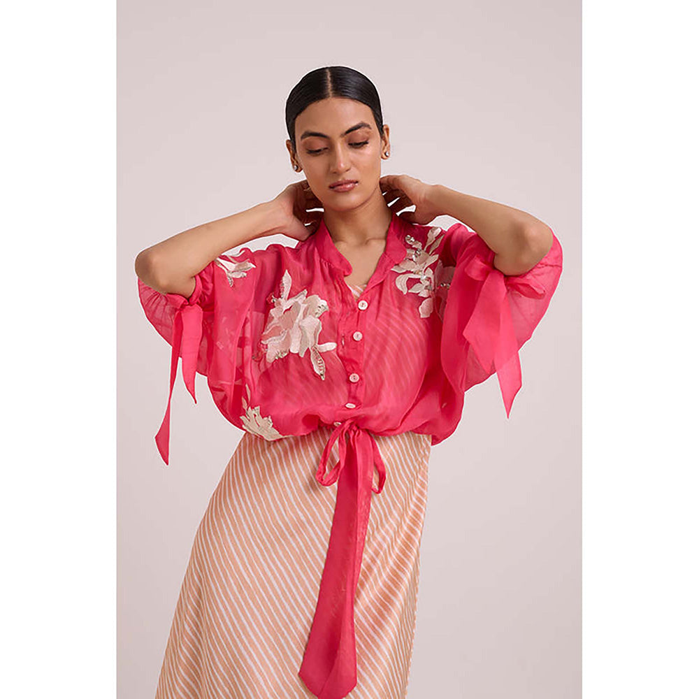 MADDER MUCH Pink Cotton Round Neck Stripes Dress With Jacket
