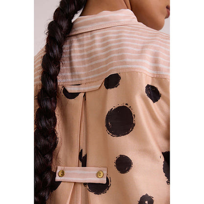 MADDER MUCH Pink Chanderi Collar Neck Stripes A-Line Midi Dress