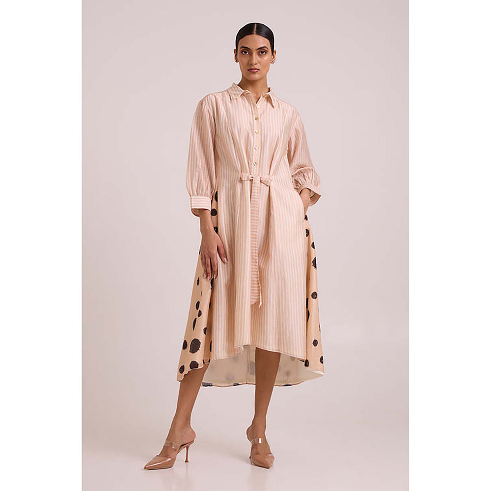 MADDER MUCH Pink Chanderi Collar Neck Stripes A-Line Midi Dress