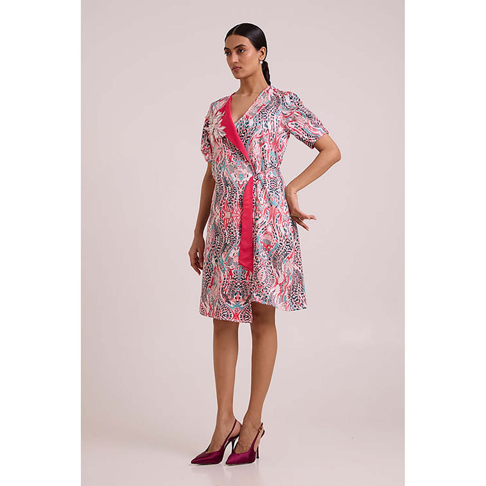 MADDER MUCH Multi-Color Cotton Notched Lapel Printed A-Line Mini Dress