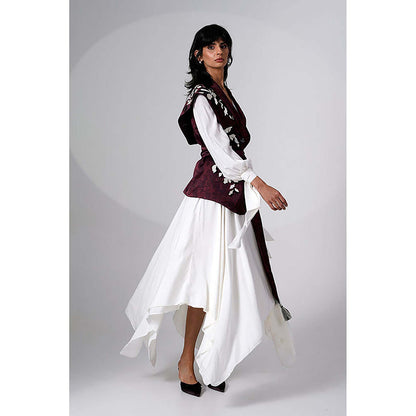 MADDER MUCH Burgundy Modal V-Neck Floral Asymmetrical Maxi Dress With Jacket