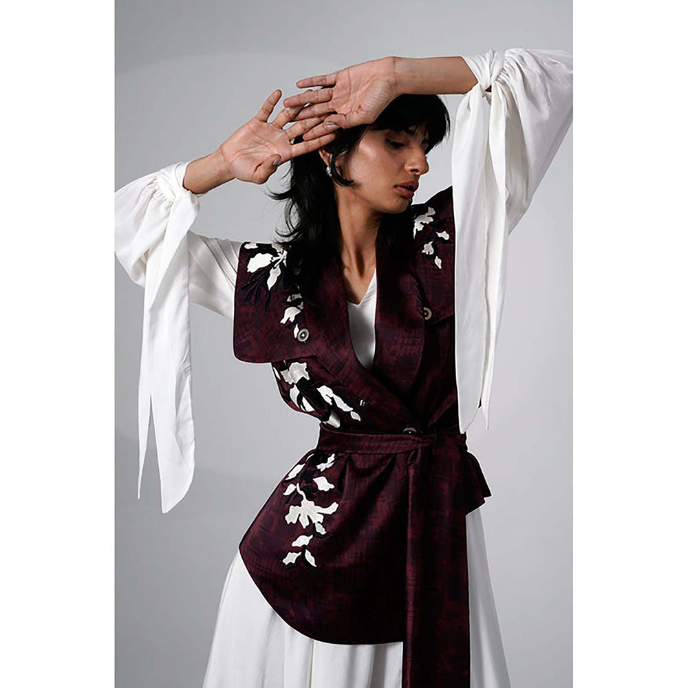 MADDER MUCH Burgundy Modal V-Neck Floral Asymmetrical Maxi Dress With Jacket