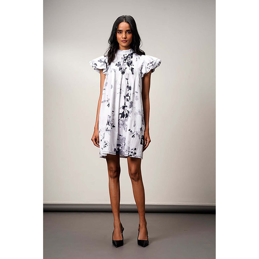 MADDER MUCH White Cotton High Neck Printed A-Line Mini Dress