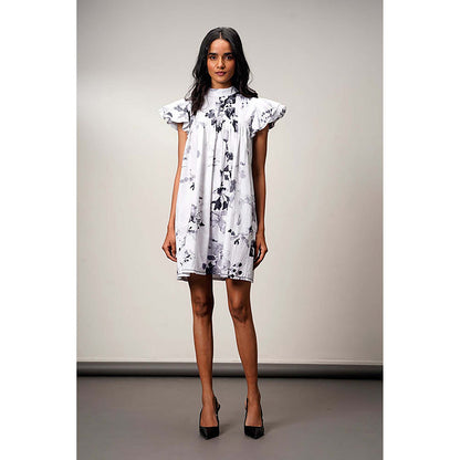 MADDER MUCH White Cotton High Neck Printed A-Line Mini Dress