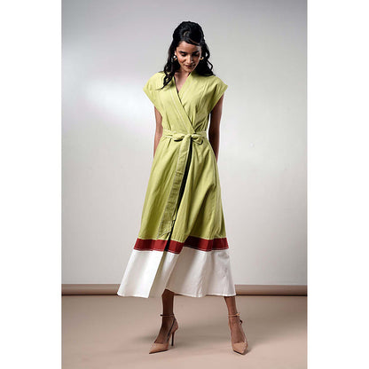 MADDER MUCH Olive Cotton V-Neck Colorblock Midi Dress