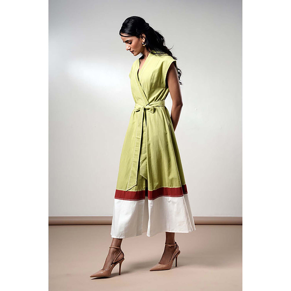 MADDER MUCH Olive Cotton V-Neck Colorblock Midi Dress