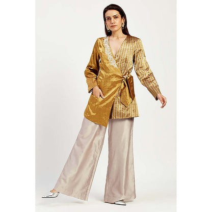 MADDER MUCH Cotton Gold V-Neck Stripes Top With Pant Co-Ord's