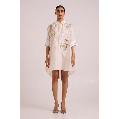 MADDER MUCH Ivory Chanderi Collar Neck Floral A-Line Mini Dress