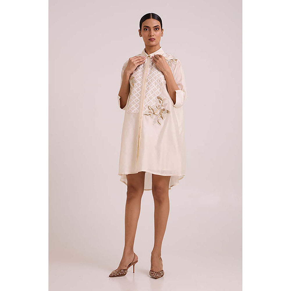 MADDER MUCH Ivory Chanderi Collar Neck Floral A-Line Mini Dress