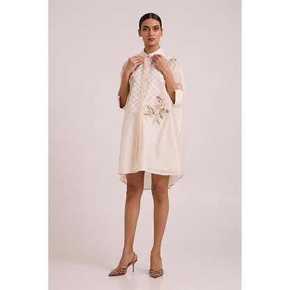 MADDER MUCH Ivory Chanderi Collar Neck Floral A-Line Mini Dress