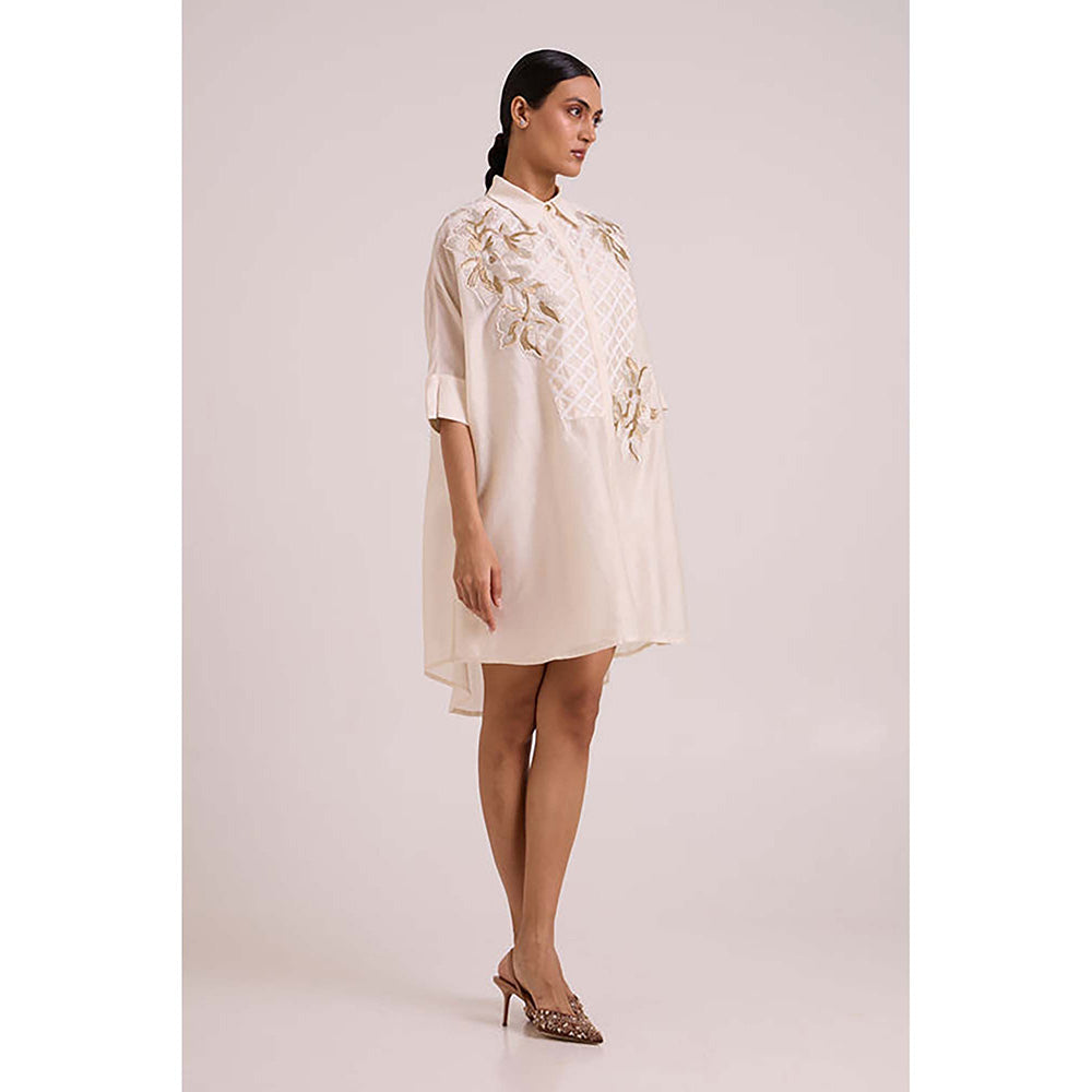 MADDER MUCH Ivory Chanderi Collar Neck Floral A-Line Mini Dress