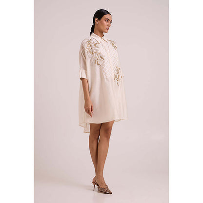 MADDER MUCH Ivory Chanderi Collar Neck Floral A-Line Mini Dress