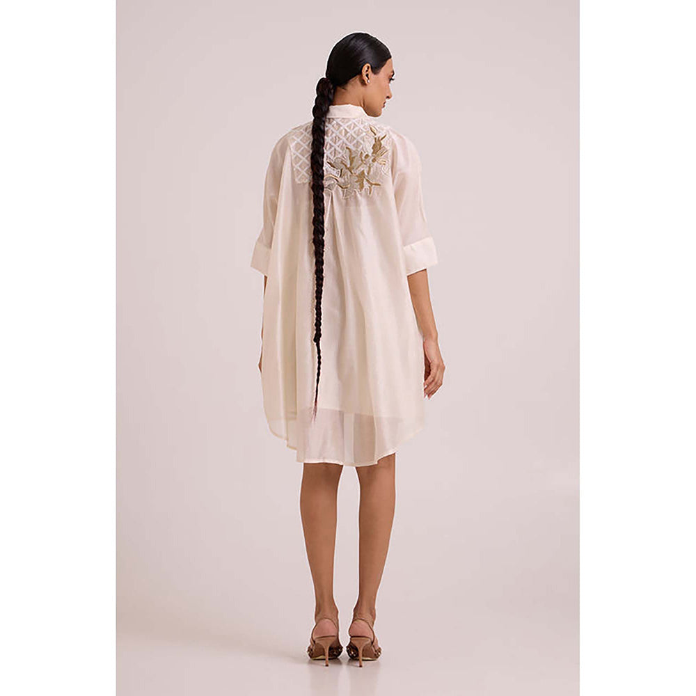 MADDER MUCH Ivory Chanderi Collar Neck Floral A-Line Mini Dress