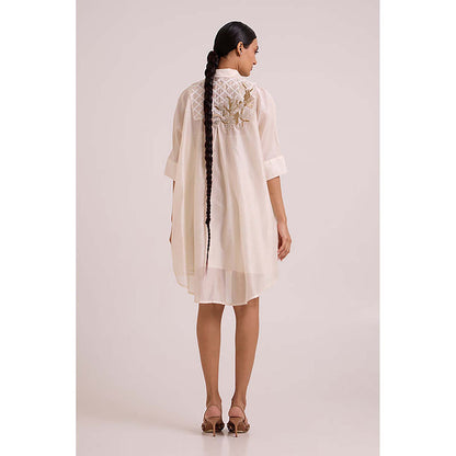 MADDER MUCH Ivory Chanderi Collar Neck Floral A-Line Mini Dress