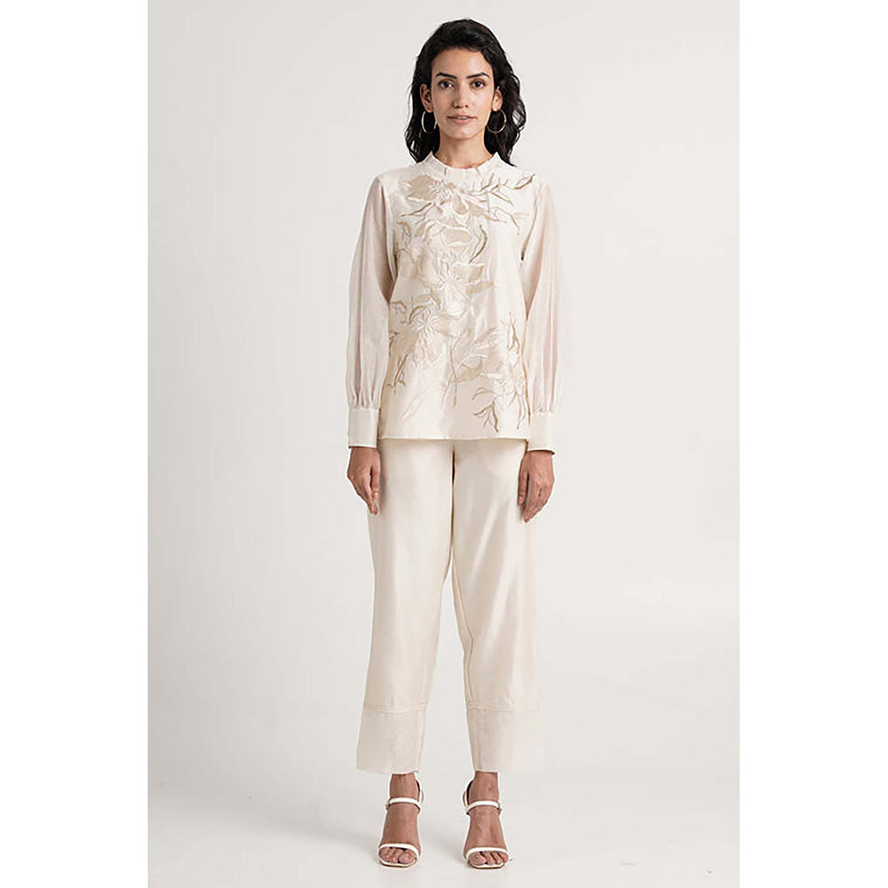 MADDER MUCH Chanderi White Crew Neck Solid/Plain Top With Pant Co-Ord's