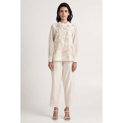 MADDER MUCH Chanderi White Crew Neck Solid/Plain Top With Pant Co-Ord's