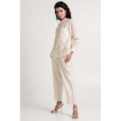 MADDER MUCH Chanderi White Crew Neck Solid/Plain Top With Pant Co-Ord's