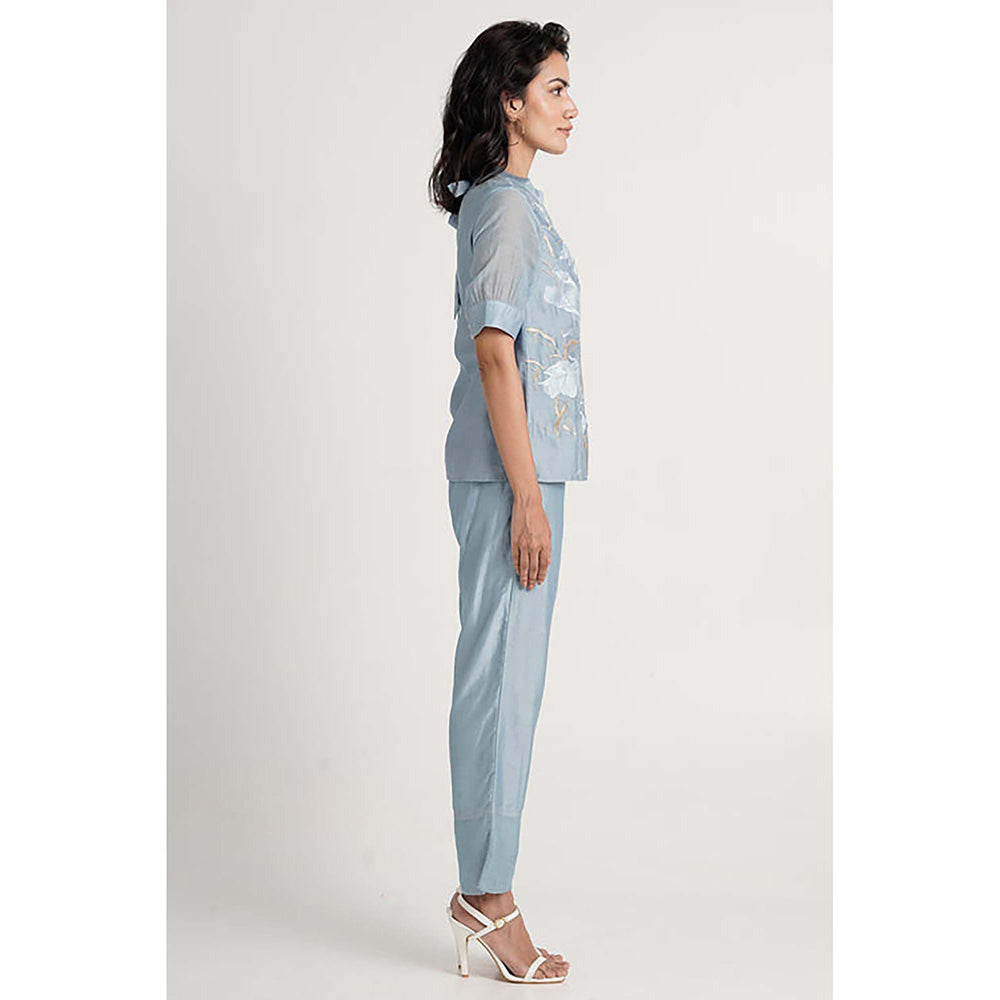MADDER MUCH Blue Cotton Crew Neck Embroidered Top With Pant