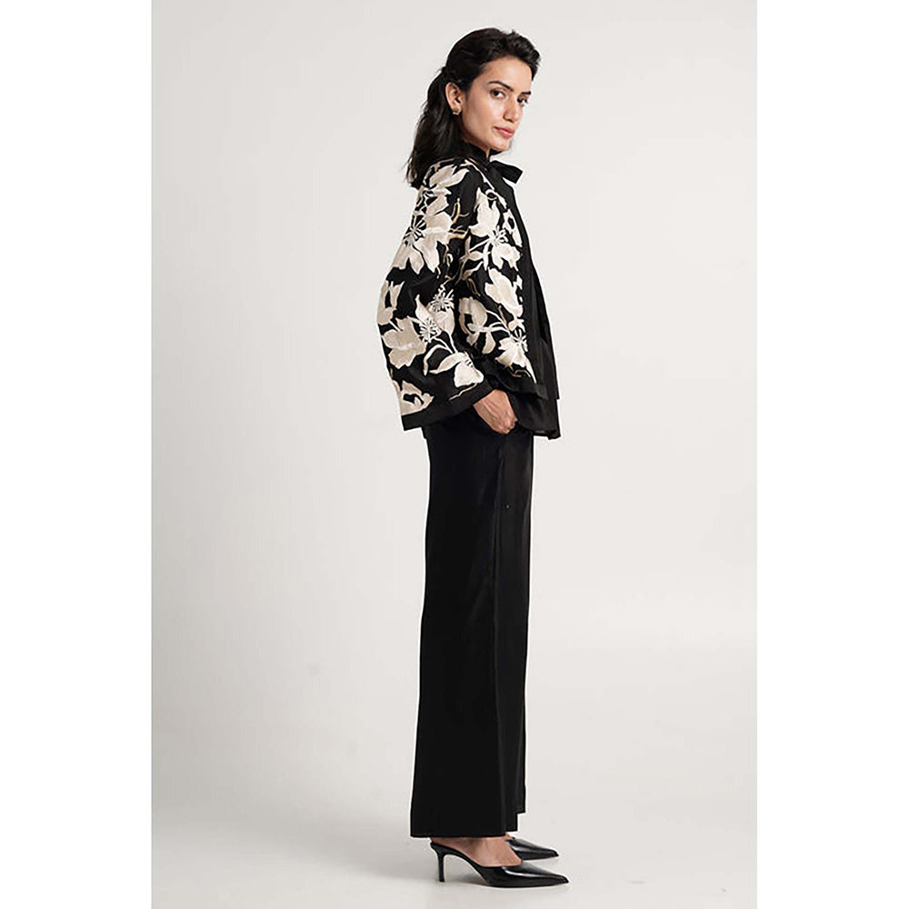 MADDER MUCH Black Cotton V-Neck Embroidered Top With Pant And Shrug