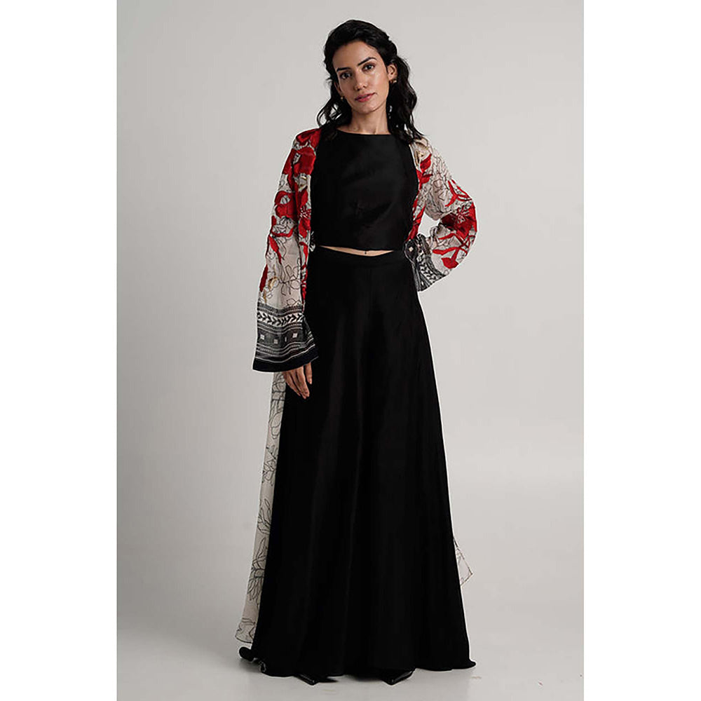 MADDER MUCH Cotton Black Crew Neck Embroidered Top With Palazzo And Overlay Jacket