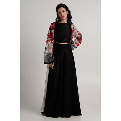 MADDER MUCH Cotton Black Crew Neck Embroidered Top With Palazzo And Overlay Jacket