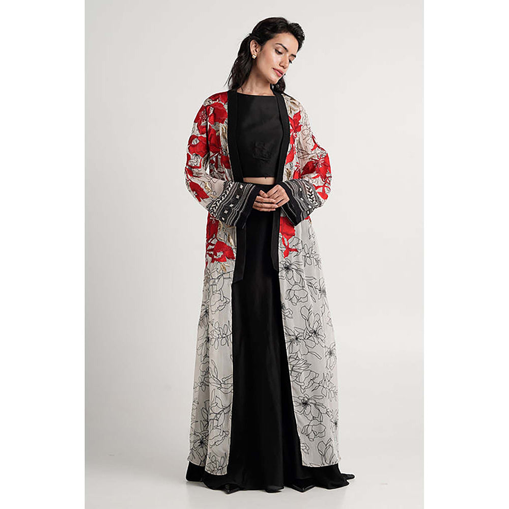 MADDER MUCH Cotton Black Crew Neck Embroidered Top With Palazzo And Overlay Jacket