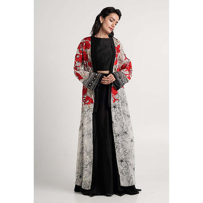 MADDER MUCH Cotton Black Crew Neck Embroidered Top With Palazzo And Overlay Jacket