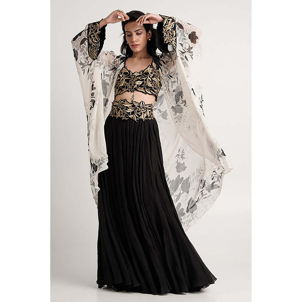MADDER MUCH Black Cotton Round Neck Embroidered Bustier With Cape And Skirt