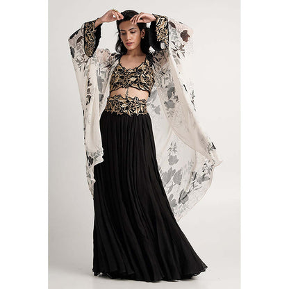 MADDER MUCH Black Cotton Round Neck Embroidered Bustier With Cape And Skirt