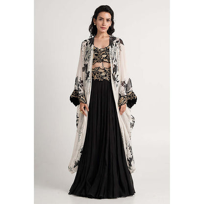 MADDER MUCH Black Cotton Round Neck Embroidered Bustier With Cape And Skirt