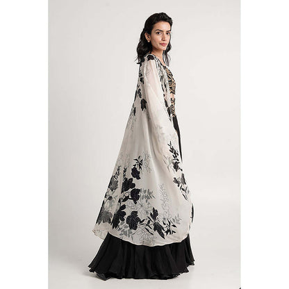 MADDER MUCH Black Cotton Round Neck Embroidered Bustier With Cape And Skirt