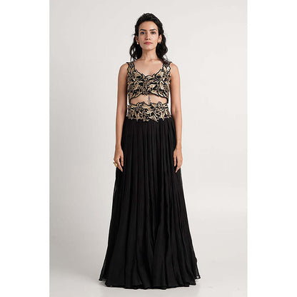 MADDER MUCH Black Cotton Round Neck Embroidered Bustier With Cape And Skirt