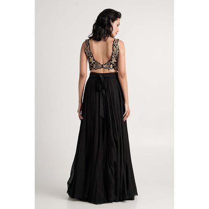 MADDER MUCH Black Cotton Round Neck Embroidered Bustier With Cape And Skirt