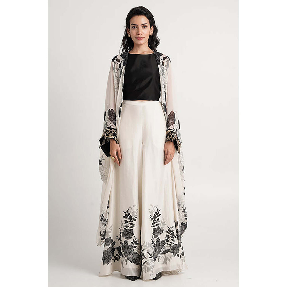 MADDER MUCH Chanderi Black Round Neck Printed Top With Palazzo And Jacket