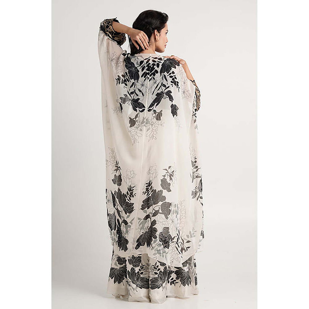 MADDER MUCH Chanderi Black Round Neck Printed Top With Palazzo And Jacket